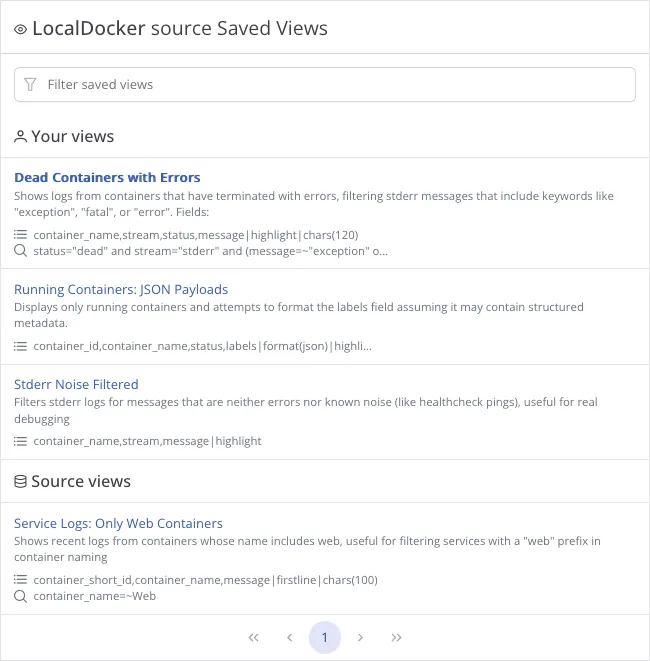 Saved views list
